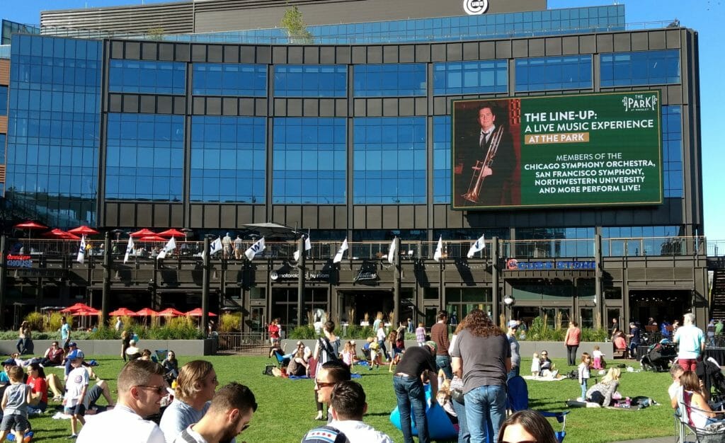 wrigley showing screen Park at Wrigley - looking north at the big screen and Cubs HQ