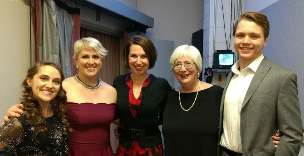Bernstein Two Worlds From left, : Brianna Bernhart, coloratura soprano, Kaitlin Bertenshaw, soprano, Professor Kristin Dauphinais, Bonnie Bird, pianist, and Matthew Osvog, baritone